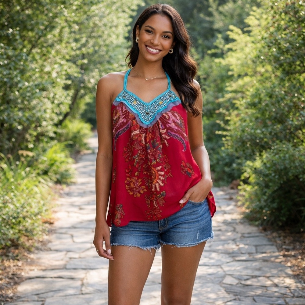 Angie Boho Festival Halter Red Floral Paisley Beaded Coachella‎ Flowy Tank NWT
